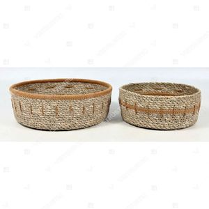 Plateaux et paniers de rangement alimentaire portables en jonc de mer tressé CORDLINE, écologiques, avec accents en cordon cousu - Product Image 2