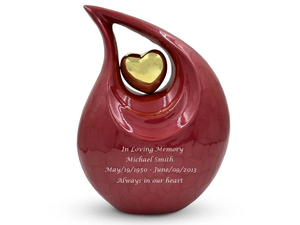 Urne funéraire rouge brillante en forme de larme, souvenir commémoratif personnalisé, pot à cendres en métal avec décor de cœur doré - Product Image 1
