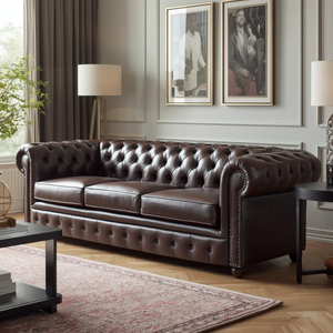 Sofá Chesterfield Tradicional de Cuero Marrón de 3 Plazas con Respaldo Acolchado y Brazos Enrollados, Sofá Clásico para Sala de Estar, Oficina, Vestíbulo de Hotel - Product Image 1