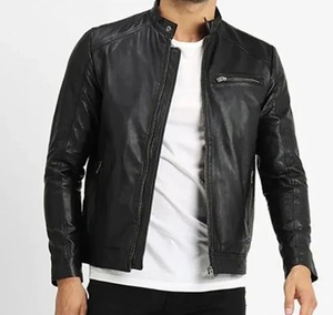 Men Black Collar Strap Genuine Leather <b>Jacket</b> Motorcycle <b>Biker</b> <b>Jacket</b> - Product Image 1