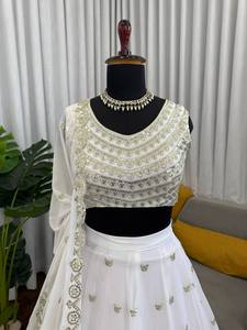 Conjunto de Lehenga con Lentejuelas Blancas Bordadas, Blusa de Tela de Red, Dupatta, Vestido de Novia Indio Pakistaní - Product Image 1