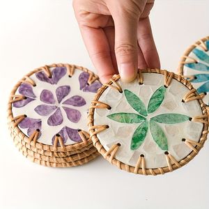 Handmade Mother of Pearl Coaster Rattan Rim <b>Round</b> Cup Coasters Southeast Asia <b>Round</b> Colorful Coasters From India - Product Image 4