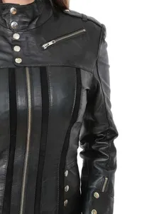 Women's Genuine Sheep Skin V-neck Full Sleeve <b>Zipper</b> Closure Waterproof Winter Moto Jacket Biker Coat Solid Black - Product Image 6
