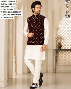 Ensemble Kurta Pyjama en Velours de Soie pour Homme, Longueur Ras du Sol, Broderie Jari, Violet, Tenue Traditionnelle de Mariage, Séchage Rapide, Coupe Classique, Toutes Tailles - Product Image 4