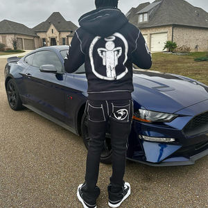 Ensemble de survêtements pour hommes avec sweat à capuche zippé et pantalon de survêtement délavé effet soleil, en coton 100%, style streetwear, personnalisable, en vente - Product Image 6