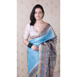 Sari en soie Tussar bleu ciel Elite Weaves, imprimé Madhubani, avec bordure tissée Zari, pour tenue de soirée élégante - Product Image 3
