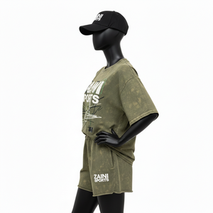 Premium Cotton Jersey <b>Women</b> <b>T</b> <b>shirt</b> Booty <b>Short</b> <b>Set</b> 220 GSM Soft Washed Fabric Olive Tone Custom Print Logo <b>Women's</b> <b>Sets</b> - Product Image 4