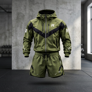 Conjunto Deportivo para Hombre, Color Verde Oliva, con Capucha, Ligero, para Exteriores, Manga Larga, Cierre Frontal con Cremallera, Secado Rápido, Pantalones Cortos Deportivos, Corte Regular - Product Image 2