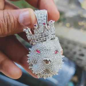Pendentif Couronne en Moissanite Taille Ronde Effet Givré avec Visage de Lion, Bijou de Fête Hip Hop en Argent 925, Pendentifs et Breloques de Luxe - Product Image 2