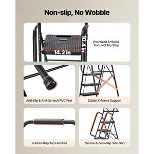 Sgabello Pieghevole Portatile in Acciaio con Pedana Antiscivolo, Vassoio Porta Attrezzi, Corrimano Bilaterali, 5 Gradini Larghi, Capacità 600 Libbre, Carico 5000 Libbre - Product Image 3