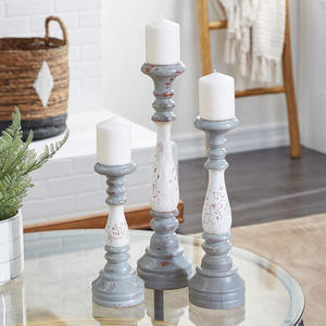 Large Turned Style Mango Wood <b>Candle</b> Holder <b>Set</b> Custom 3-Piece Design in Gray & White Home Decoration - Product Image 6