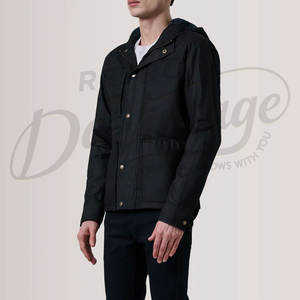 Veste en toile cirée noire pour homme, résistante à l'eau, à capuche, veste de plein air décontractée, coupe ajustée, veste de campagne en coton avec poches - Product Image 4