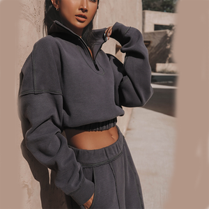 Women's <b>Black</b> <b>Cropped</b> Sweatshirt Drop-Shoulder Zipper Front Knitted <b>Long</b> <b>Sleeve</b> Oversized Autumn Wear - Product Image 2