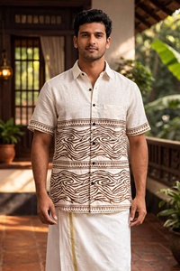 Handcrafted <b>Men</b> Ivory Cotton <b>Short</b> Sleeve Shirt with Traditional <b>Brown</b> Hand Block Print Border and Wave Motifs - Product Image 4