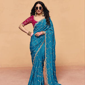 Sari de Seda Suave con Bordado Exclusivo, Diseño Indio de Alta Calidad para Bodas, Venta Global - Product Image 1