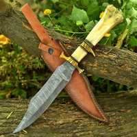 Couteau artisanal en acier Damas sur mesure, 15 pouces, manche en os avec embout en laiton, pour la chasse, le camping et les activités de plein air, lame fixe