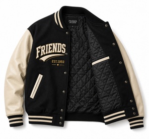 <b>Men's</b> Varsity <b>Jacket</b> with Black body Cream <b>Leather</b> sleeves Embroidered Patch Design Preppy Style Autumn Wear Varsity <b>Jacket</b> - Product Image 5