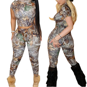 Women's Camo Print 2-Piece <b>Set</b> Short Sleeve Crop Top Skinny Full Length Pants <b>Sexy</b> Club Wear Breathable Knitted Spandex - Product Image 1
