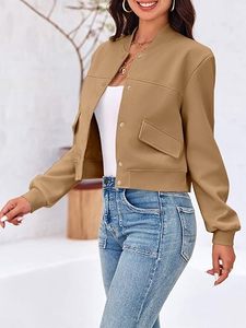 Chaqueta Bomber Caqui para Mujer, Color Sólido, Cuello Alto, Manga Larga, Cierre de Botones, Corte Recortado, Prenda Exterior Informal, Tejido de Poliéster - Product Image 4