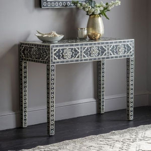 Table console traditionnelle en bois de manguier massif avec incrustations en os, design Mandala pour salon - Product Image 1