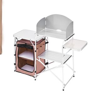 Tavolo da Cucina Portatile a 2 Livelli per Esterni, Marrone, Pieghevole con Borsa con Cerniera per Barbecue, Feste e Campeggio - Product Image 2