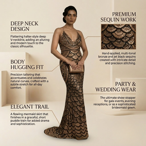 Vestido de noche de sirena con lentejuelas marrones de lujo, vestido de fiesta sin mangas con cuello profundo para mujer |   Vestidos de Novia Elegantes, Calidad de Exportación de la India - Product Image 3