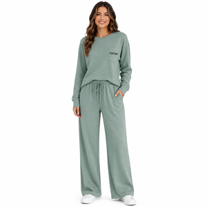 OEM Women Tracksuit <b>Set</b> Cotton Blend Crew Neck Sweatshirt Wide Leg <b>Jogger</b> Pants Chest Pocket Custom Logo Private Label Supplier - Product Image 1