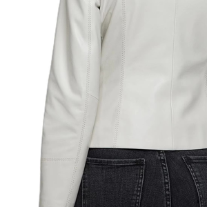 Chaqueta de moto de cuero PU para mujer, cuello alto, manga larga, cierre de cremallera, color sólido, estilo otoñal, longitud regular - Product Image 6