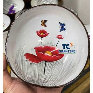 Hot Sale Eco-Friendly Polished LACQUER COCONUT BOWL Red Flower <b>Butterfly</b> Design Hand Painted High Quality Vintage Tableware - Product Image 1