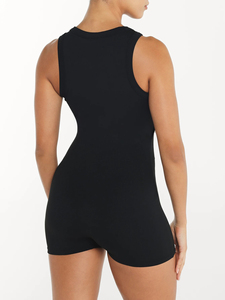 Mono de mujer negro con cremallera frontal, control de abdomen, sin mangas, cintura alta, para gimnasio - Product Image 3