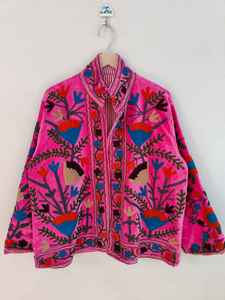 Chaqueta Bordada de Terciopelo Suzani: Abrigo Bohemio Rosa - Product Image 5