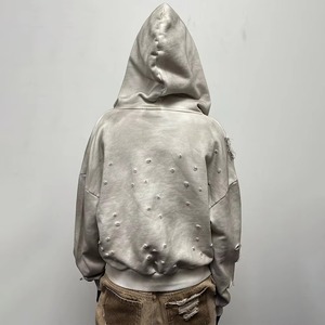 Custom Dirty Wash Vintage Print Jacket Hanging Mill <b>Clips</b> Distressed Rip Hole Cut <b>Collar</b> Cropped Double Layer Thermal Hoodie Men - Product Image 4