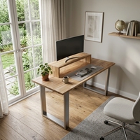 Bureau d'ordinateur moderne en bois massif avec support d'écran surélevé, étagère et cadre en métal blanc en U, table d'écriture ergonomique pour l'étude