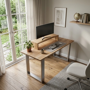 Modern Solid Wood Office Desk Raised <b>Monitor</b> <b>Stand</b> Shelf White Metal U Shaped Frame Ergonomic Writing Computer Study Table - Product Image 4