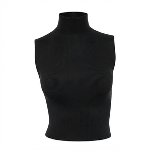 Ostriya Intl Women's Black Ribbed Knit O-<b>Neck</b> Tank <b>Top</b> Regular Length Minimalist Style Solid Color Breathable Eco-Friendly - Product Image 2