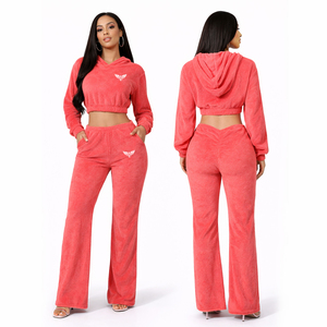 Conjunto Deportivo de Terciopelo Rosa Coral para Mujer, Sudadera Corta y Pantalones Anchos de Pierna, Conjunto de 2 Piezas, Ropa Deportiva Informal - Product Image 1