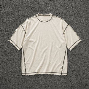 High Quality Custom Blank Heavyweight Cotton T-Shirt <b>Distressed</b> Raw Edge Frayed Hem Inside Out Exposed Seam Boxy Fit Men's <b>Tops</b> - Product Image 1