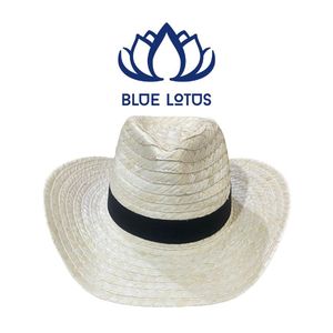 Chapeau Fedora mexicain en herbe naturelle à large bord rayé, chapeau de plage unisexe pour adulte 54-56CM, imprimé par sublimation, brodé à la main, lotus bleu - Product Image 1