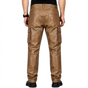 Men's Brown PU Coated <b>Cargo</b> <b>Pants</b> High Waist Multiple Pockets Workwear Style Breathable Midweight Straight Fit Autumn Wear - Product Image 2
