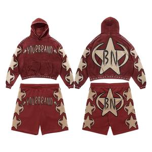 Premium 420 GSM cotton fleece acid wash grey flame panel hoodie and <b>short</b> set chenille <b>patch</b> embroidery custom logo Hoodie <b>Short</b> - Product Image 2