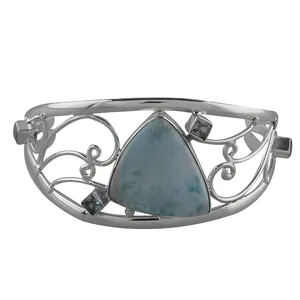 Bracelet manchette en argent sterling 925 avec larimar bleu naturel, fait main, jonc ouvert, bijou quotidien pour femme, cadeau - Product Image 1