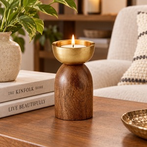 Round Wooden <b>Candle</b> Stand With Brass Bowl Top Home Decorative Lighting Fixture - Product Image 2
