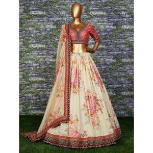 Atractivo Lehenga Choli de Organza con Estampado Floral en Color Blanco Hueso, Semi-Cosido, para Bodas, de Zeel Clothing, 2000g - Product Image 4