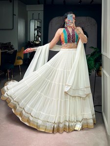 Custom Women Boho Indo Western Off <b>White</b> Layered Skirt Bandhani Print Halter Crop Top Shell Tassel Dupatta Wholesale - Product Image 6