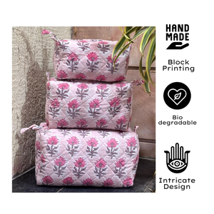 Premium Floral Pink Jaipur Hand block print Quilted cotton <b>toiletry</b> bag Set Zip Closure PVC Lining Sustainable Non Toxic Dyes - Product Image 2