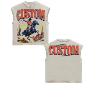 Camiseta sin Mangas con Diseño Gráfico Moderno Personalizado, 100% Algodón, Impresión DTF, con Pedrería, Estilo Urbano, Unisex, Venta al Por Mayor OEM - Product Image 1