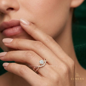 Designer Round Diamond Engagement <b>Ring</b> With Sculpted <b>Split</b> Shank And V Shaped Diamond Accent Row Solid Shank <b>Ring</b> For Ladies - Product Image 4