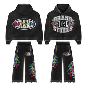 Vintage-Style <b>Distressed</b> Acid Wash Jogger Set for Men Winter Embroidered Tracksuits with Printed Logo XXL Training Size - Product Image 1