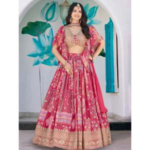 Lehenga Choli de Boda Bordado con Hilo Chinon Rosa, con Volantes y Perlas - Product Image 5