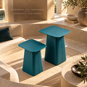 Designer Teal Sculptural <b>Stool</b> <b>Set</b> | Two Height Rounded Top Tapered Base Smooth Finish Contemporary Accent Side <b>Table</b> Furnitures - Product Image 3